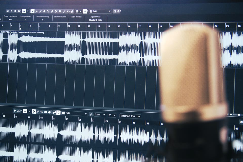 Audio-Bearbeitungssoftware mit Sprachaufnahme-Wellenformen im Tonstudio von werbestimme.de.